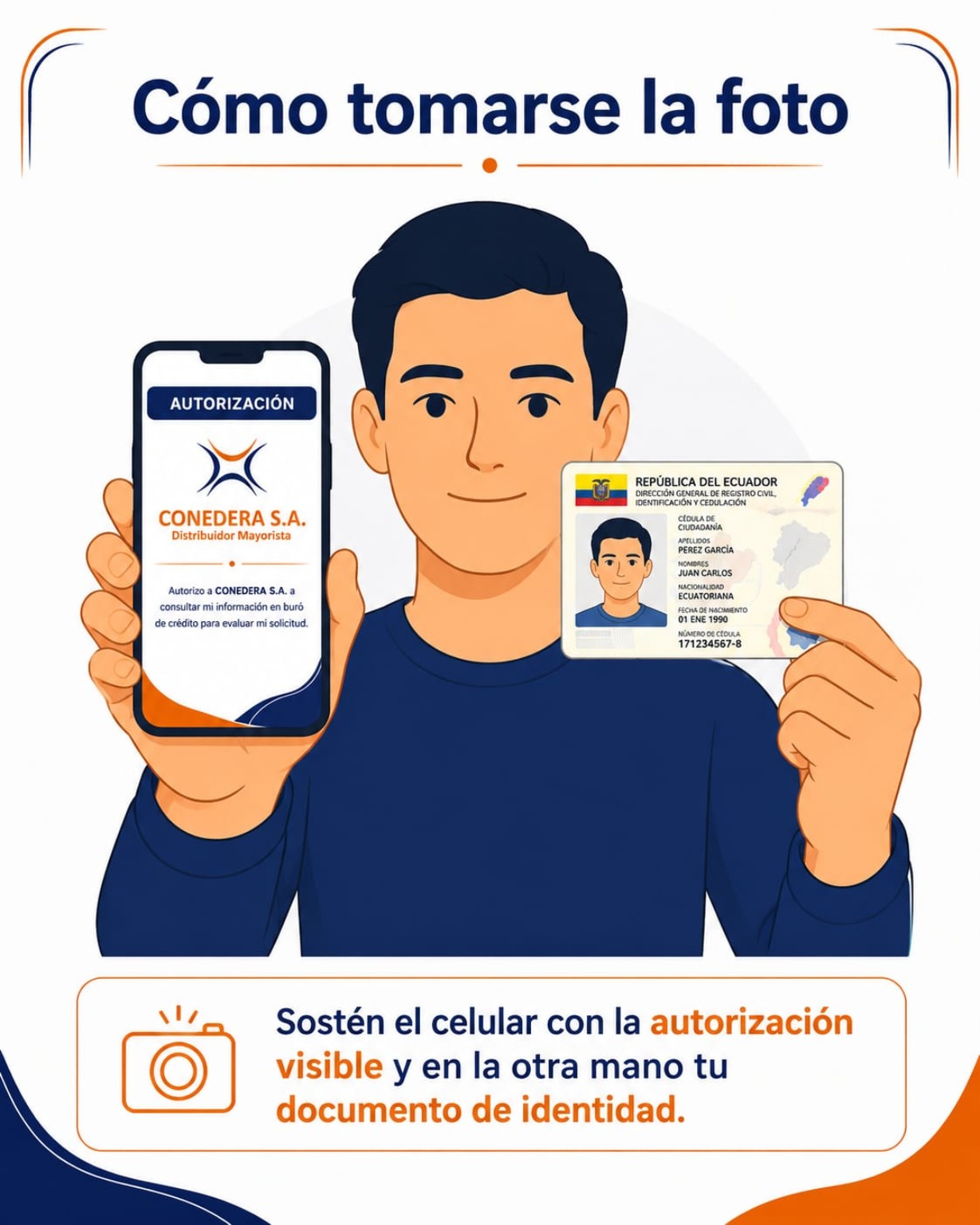 Instructivo: persona sosteniendo la autorización en un celular y la cédula en la otra mano